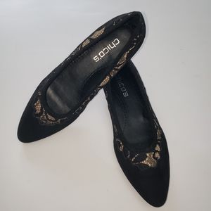 CHICO'S Suede Shoes with Lace Trim Slip On Pointed Toe Flats Size 8.5 Black
